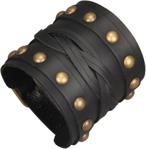 GelConnie Leather Cuff Bracelet for Men Women Wide Leather Wristband Thick Viking Mens Leather Bracelets Gothic Wrist Band Vintage Rock Wristband in Saudi Arabia
