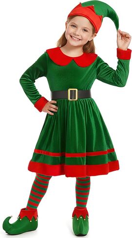 Girls Christmas Elf Costume Santa's Helper Outfit for Girls Elf Velvet Dress in Kuwait