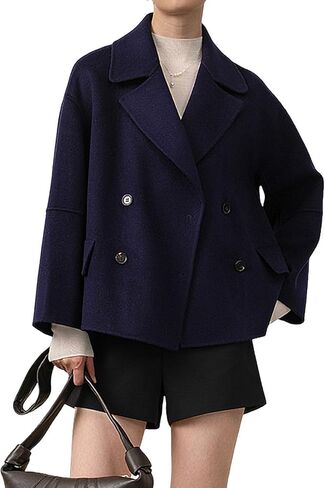 utcoco Women Cropped Wool Pea Coats Notched Lapel Double Breasted Crop Woolen Trench Coat Short Jackets with Pockets in Saudi Arabia