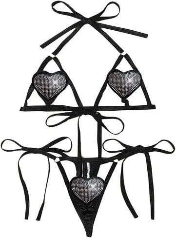 JasmyGirls Sexy Two Piece Bra and Panty Sets for Women Rhinestone Heart Lingerie Self Tie in Saudi Arabia