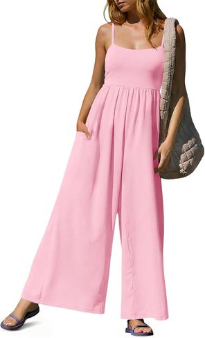 Fisoew Womens Summer Jumpsuits One Piece Casual Loose Overalls Spaghetti Strap Wide Leg Rompers with Pockets Workout Outfits in Saudi Arabia