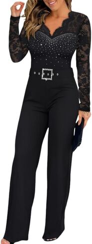 Womens Jumpsuits Rhinestone Floral Lace Overalls Deep V-Neck Straight Leg One Piece Outfits With Belt in Saudi Arabia