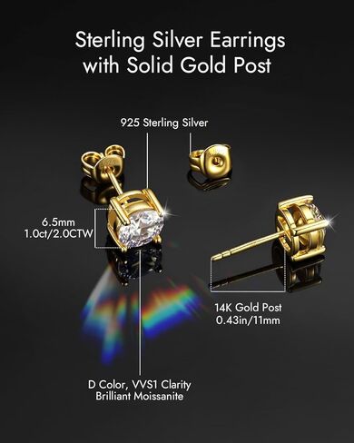 14K Gold Moissanite Stud Earrings for Women Men, 14K SOILD GOLD POST, 925 Sterling Silver D Color VVS Clarity Lab Created Moissanite, Hypoallergenic Earrings Jewelry Gifts for Her Him, 0.5/0.8/1.0ct in Saudi Arabia