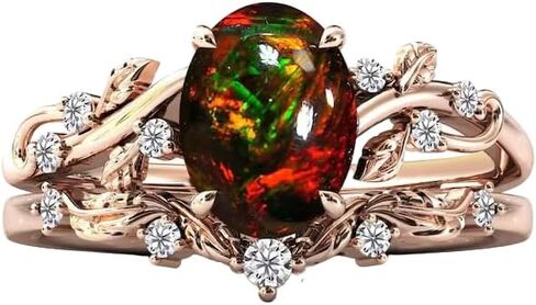 Black Opal Wedding Ring Set For Women Antique Art Deco Leaf Engagement Ring Set 18k Gold Black Opal Bridal Anniversary Ring Set Gift For Her (BOPL-2) in Saudi Arabia