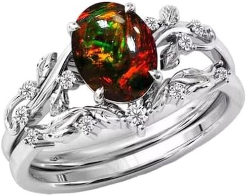Black Opal Wedding Ring Set For Women Antique Art Deco Leaf Engagement Ring Set 18k Gold Black Opal Bridal Anniversary Ring Set Gift For Her (BOPL-2) in Saudi Arabia