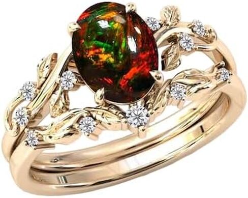 Black Opal Wedding Ring Set For Women Antique Art Deco Leaf Engagement Ring Set 18k Gold Black Opal Bridal Anniversary Ring Set Gift For Her (BOPL-2) in Saudi Arabia