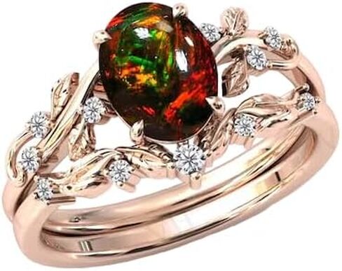 Black Opal Wedding Ring Set For Women Antique Art Deco Leaf Engagement Ring Set 18k Gold Black Opal Bridal Anniversary Ring Set Gift For Her (BOPL-2) in Saudi Arabia