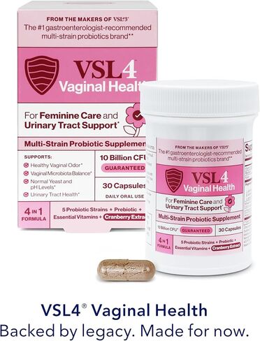 VSL4® مكمل بروبيوتيك يومي للصحة المهبلية لدعم صحة المرأة والمسالك البولية* - 10B CFU - تركيبة 4 في 1 مع البروبيوتيك والبريبيوتيك ومستخلص التوت البري وفيتامينات B+D، 30 كبسولة in Saudi Arabia