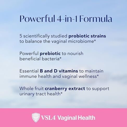 VSL4® مكمل بروبيوتيك يومي للصحة المهبلية لدعم صحة المرأة والمسالك البولية* - 10B CFU - تركيبة 4 في 1 مع البروبيوتيك والبريبيوتيك ومستخلص التوت البري وفيتامينات B+D، 30 كبسولة in Saudi Arabia