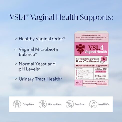 VSL4® مكمل بروبيوتيك يومي للصحة المهبلية لدعم صحة المرأة والمسالك البولية* - 10B CFU - تركيبة 4 في 1 مع البروبيوتيك والبريبيوتيك ومستخلص التوت البري وفيتامينات B+D، 30 كبسولة in Saudi Arabia