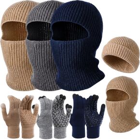 6 Pcs Winter 2 in 1 Knit Balaclava Hat Touch Screen Gloves Set Ski Mask Beanie Warm Gloves for Men Women in Saudi Arabia
