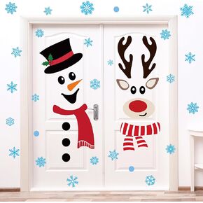 Christmas Snowman Reindeer Door Stickers Christmas Door Decorations Large Snowman Face Reindeer Stickers with Snowflake Decals for Xmas Winter Window Refrigerator Decorations in Saudi Arabia