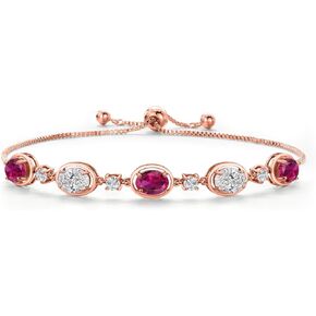 Gem Stone King 18K Rose Gold Plated Silver Red Created Ruby and and Lab Grown Diamond Bracelet For Women | 4.35 Cttw | Gemstone July Birthstone | Oval 7X5MM | Fully Adjustable 9 Inch in Saudi Arabia