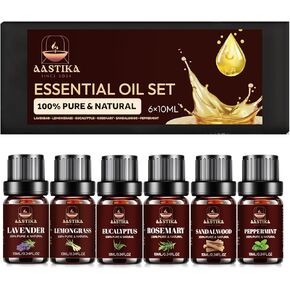 Aastika Aromatherapy Essential Oil Set – 100% Pure & Natural, 6X10ml(Lavender, Lemongrass, Eucalyptus, Rosemary, Sandalwood, Peppermint) Bottle in Saudi Arabia