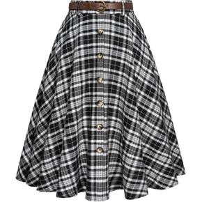 Belle Poque Women's Plaid A-line Skirt Vintage Pleated Flared Midi Skirts Fall Winter Skirts with Pockets & Belts in Saudi Arabia