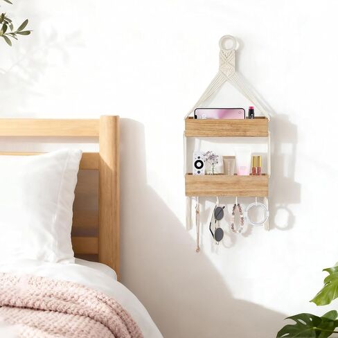 رف معلق من Mkono Macrame لمنظم أرفف السرير مع خطافات، ديكور حائط بوهو أرفف عائمة خشبية لطيفة لغرفة نوم الفتيات وغرفة النوم وغرفة تخزين الحائط للهاتف وجهاز التحكم عن بعد وسماعات الأذن والإكسسوارات in Saudi Arabia