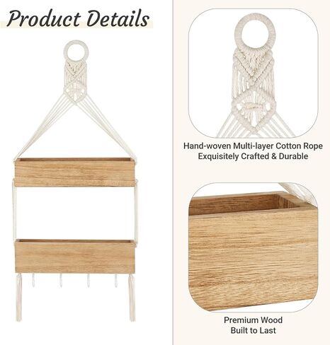رف معلق من Mkono Macrame لمنظم أرفف السرير مع خطافات، ديكور حائط بوهو أرفف عائمة خشبية لطيفة لغرفة نوم الفتيات وغرفة النوم وغرفة تخزين الحائط للهاتف وجهاز التحكم عن بعد وسماعات الأذن والإكسسوارات in Saudi Arabia