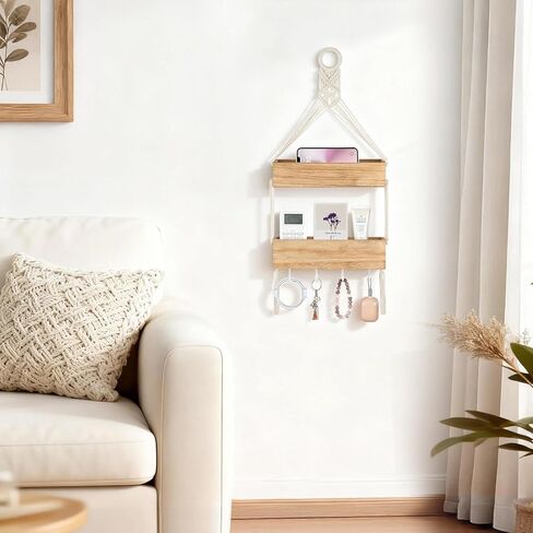 رف معلق من Mkono Macrame لمنظم أرفف السرير مع خطافات، ديكور حائط بوهو أرفف عائمة خشبية لطيفة لغرفة نوم الفتيات وغرفة النوم وغرفة تخزين الحائط للهاتف وجهاز التحكم عن بعد وسماعات الأذن والإكسسوارات in Saudi Arabia