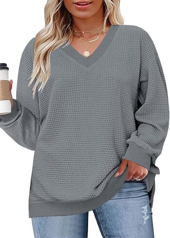 DOLNINE Plus-Size-Tops for Women Casual V Neck Pullover Cute Waffle Knit Lantern Sleeve Sweaters Fashion Side Split Tunics in Kuwait