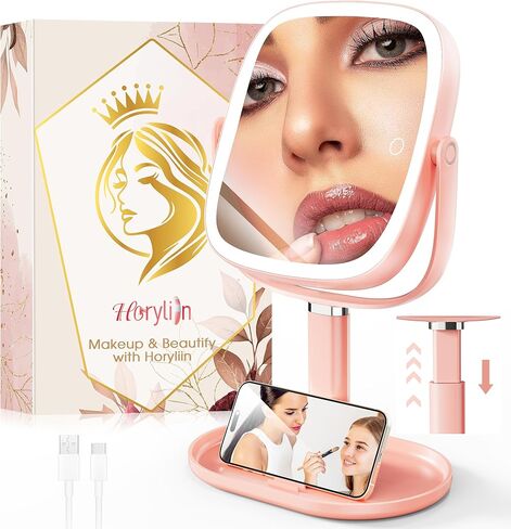 مرآة مكياج مع أضواء - مرآة مكبرة 10x/1x مع ضوء، مرآة مكتب قابلة لإعادة الشحن مع إضاءة 3 ألوان ووظيفة الذاكرة، مرآة طاولة قابلة للتعديل 360 درجة، هدية للنساء (أسود) in Kuwait