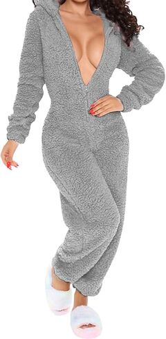 Women's Warm Fuzzy Hooded Romper Pant Playsuit Jumpsuit in Saudi Arabia