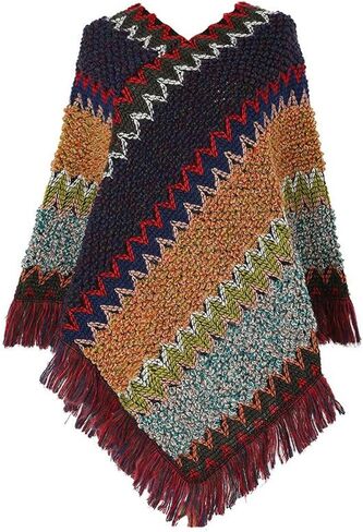 Women's Poncho Sweater Zig Zag Knit Mexican Poncho Wrap Fall Hippie Soft Fringe Crochet Shawl Asymmetrical Cape in Saudi Arabia
