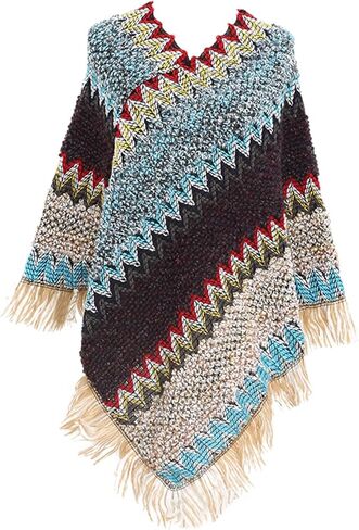 Women's Poncho Sweater Zig Zag Knit Mexican Poncho Wrap Fall Hippie Soft Fringe Crochet Shawl Asymmetrical Cape in Saudi Arabia