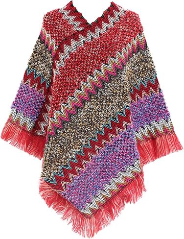 Women's Poncho Sweater Zig Zag Knit Mexican Poncho Wrap Fall Hippie Soft Fringe Crochet Shawl Asymmetrical Cape in Saudi Arabia