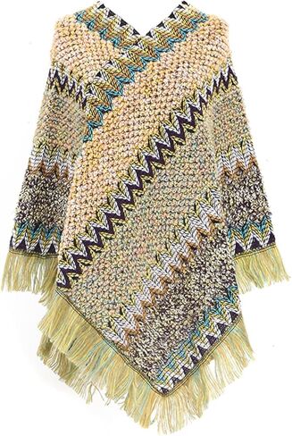 Women's Poncho Sweater Zig Zag Knit Mexican Poncho Wrap Fall Hippie Soft Fringe Crochet Shawl Asymmetrical Cape in Saudi Arabia