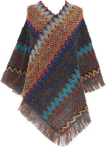 Women's Poncho Sweater Zig Zag Knit Mexican Poncho Wrap Fall Hippie Soft Fringe Crochet Shawl Asymmetrical Cape in Saudi Arabia
