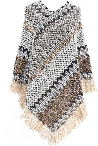 Women's Poncho Sweater Zig Zag Knit Mexican Poncho Wrap Fall Hippie Soft Fringe Crochet Shawl Asymmetrical Cape in Saudi Arabia