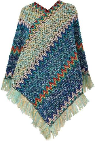Women's Poncho Sweater Zig Zag Knit Mexican Poncho Wrap Fall Hippie Soft Fringe Crochet Shawl Asymmetrical Cape in Saudi Arabia