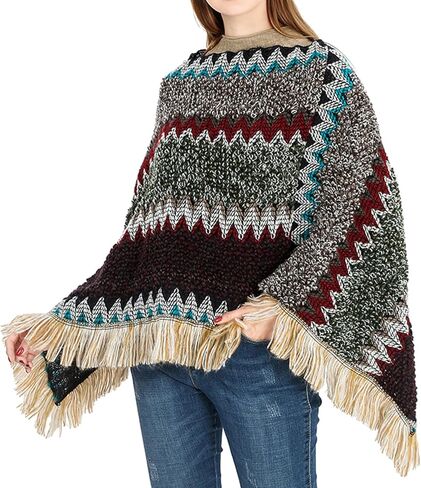 Women's Poncho Sweater Zig Zag Knit Mexican Poncho Wrap Fall Hippie Soft Fringe Crochet Shawl Asymmetrical Cape in Saudi Arabia