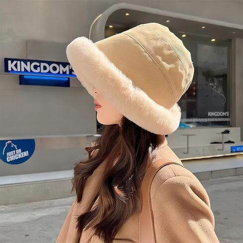 Winter Fur Bucket Hat, Unisex Warm Fluffy Fisherman Fuzzy Bucket Hat in Saudi Arabia