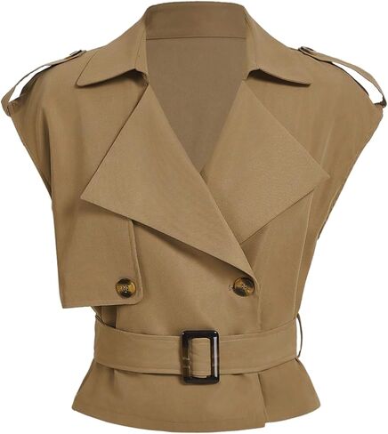GORGLITTER Women's Cropped Short Trench Coat Casual Dressy Belted Cap Sleeve Sleeveless Vest Coats Crop Going Out Jackets in Saudi Arabia