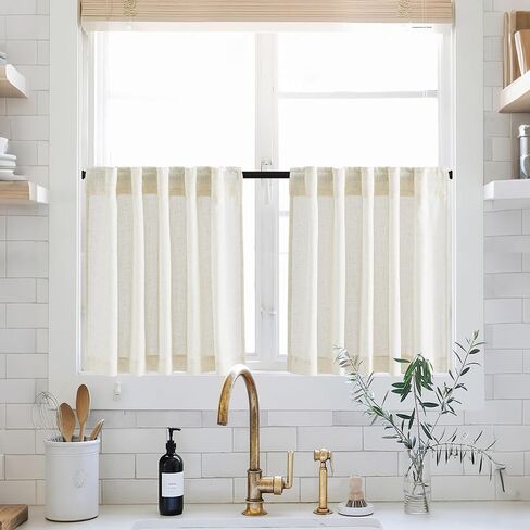 Linen Curtains for Kitchen Farmhouse Country, 2 Panels Back Tab Pocket Light Filtering Sheer Short Cafe Tier Small Window Curtain for Bathroom Basement Nursery, 42 x 24 Inches Length in Saudi Arabia