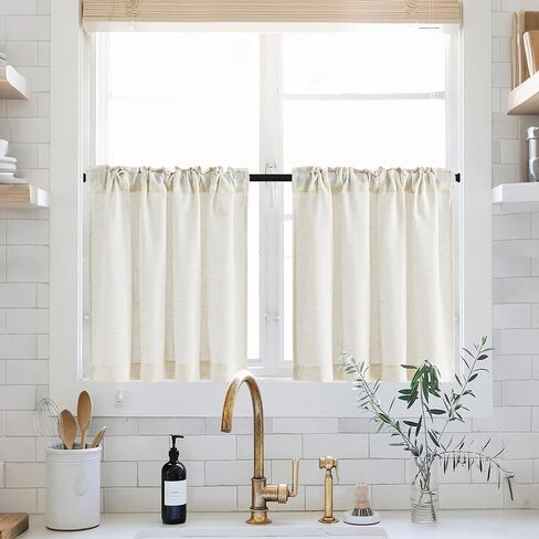 Linen Curtains for Kitchen Farmhouse Country, 2 Panels Back Tab Pocket Light Filtering Sheer Short Cafe Tier Small Window Curtain for Bathroom Basement Nursery, 42 x 24 Inches Length in Saudi Arabia