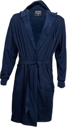 رداء DudeRobe رجالي بغطاء رأس باللون الكحلي مقاس 2XL/3XL وبنطال رياضي مقاس 2XL/3XL بأرجل مستقيمة وجزء سفلي مفتوح، من Shark Tank! قطن مريح وذو قدرة على الامتصاص بعد الاستحمام، بنطال رياضي للاسترخاء in Kuwait