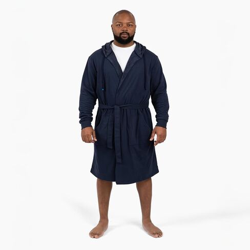 رداء DudeRobe رجالي بغطاء رأس باللون الكحلي مقاس 2XL/3XL وبنطال رياضي مقاس 2XL/3XL بأرجل مستقيمة وجزء سفلي مفتوح، من Shark Tank! قطن مريح وذو قدرة على الامتصاص بعد الاستحمام، بنطال رياضي للاسترخاء in Kuwait