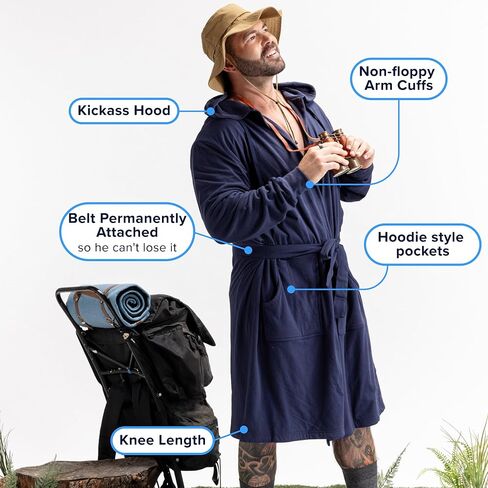 رداء DudeRobe رجالي بغطاء رأس باللون الكحلي مقاس 2XL/3XL وبنطال رياضي مقاس 2XL/3XL بأرجل مستقيمة وجزء سفلي مفتوح، من Shark Tank! قطن مريح وذو قدرة على الامتصاص بعد الاستحمام، بنطال رياضي للاسترخاء in Kuwait