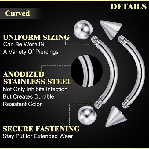 Intera الجراحية الصلب 16G الحاجب ثقب المجوهرات العمودي Labret الشفاه خواتم مجوهرات للنساء الرجال منحني الحديد روك Daith ثقب المجوهرات 6 مم / 8 مم / 10 مم / 12 مم in Kuwait