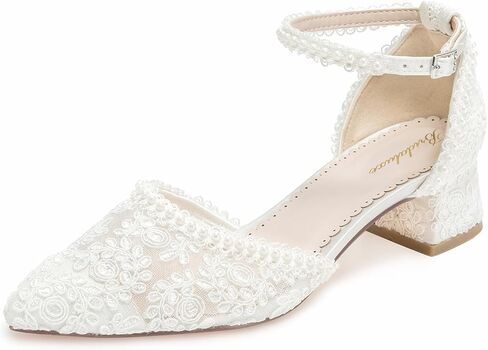 1601 Women’s Closed Toe Wedding Shoes 1.77 Inch Low Block Heel Lace Pearl Ankle Strap Bridal Pumps in Kuwait
