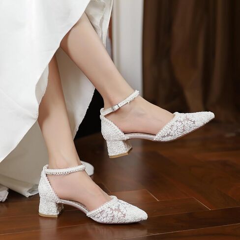 1601 Women’s Closed Toe Wedding Shoes 1.77 Inch Low Block Heel Lace Pearl Ankle Strap Bridal Pumps in Saudi Arabia