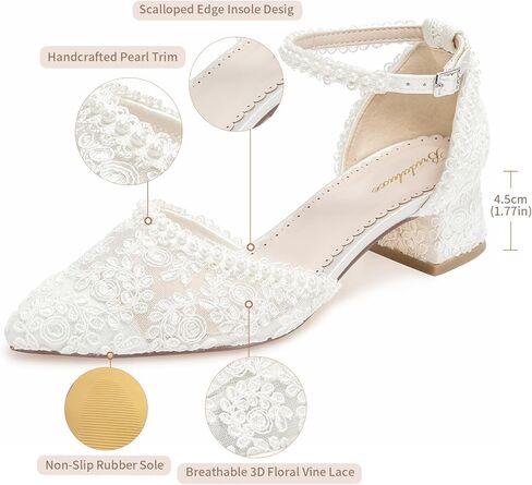 1601 Women’s Closed Toe Wedding Shoes 1.77 Inch Low Block Heel Lace Pearl Ankle Strap Bridal Pumps in Saudi Arabia