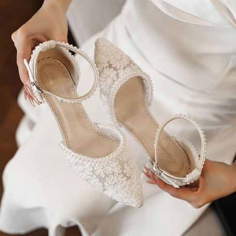 1601 Women’s Closed Toe Wedding Shoes 1.77 Inch Low Block Heel Lace Pearl Ankle Strap Bridal Pumps in Saudi Arabia