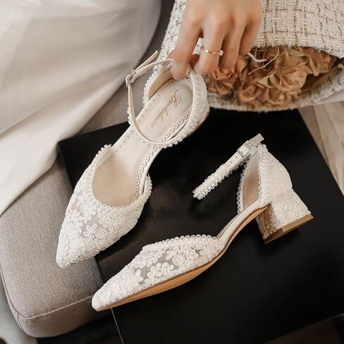 1601 Women’s Closed Toe Wedding Shoes 1.77 Inch Low Block Heel Lace Pearl Ankle Strap Bridal Pumps in Saudi Arabia