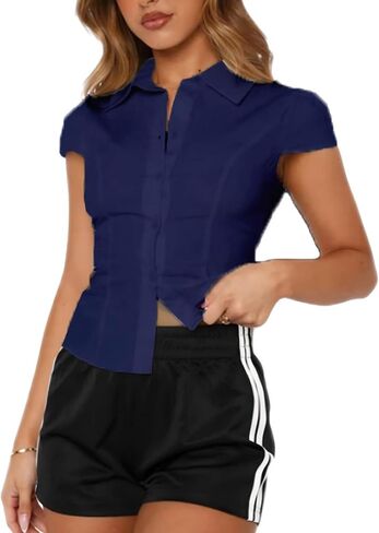 المرأة Y2k منقوشة زر حتى قميص لطيف Preppy كاب كم الخامس الرقبة المحاصيل الأعلى كوكيت بيبي دول بلوزة المجهزة الخروج in Saudi Arabia