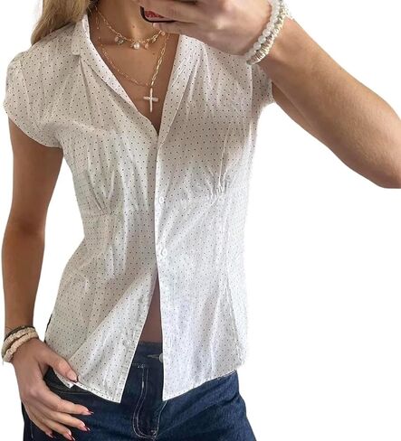 المرأة Y2k منقوشة زر حتى قميص لطيف Preppy كاب كم الخامس الرقبة المحاصيل الأعلى كوكيت بيبي دول بلوزة المجهزة الخروج in Saudi Arabia
