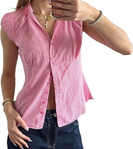 المرأة Y2k منقوشة زر حتى قميص لطيف Preppy كاب كم الخامس الرقبة المحاصيل الأعلى كوكيت بيبي دول بلوزة المجهزة الخروج in Saudi Arabia