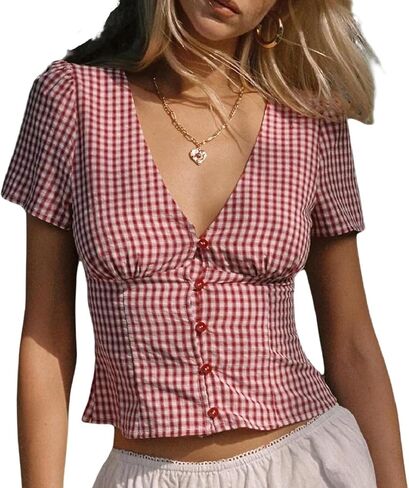 المرأة Y2k منقوشة زر حتى قميص لطيف Preppy كاب كم الخامس الرقبة المحاصيل الأعلى كوكيت بيبي دول بلوزة المجهزة الخروج in Saudi Arabia
